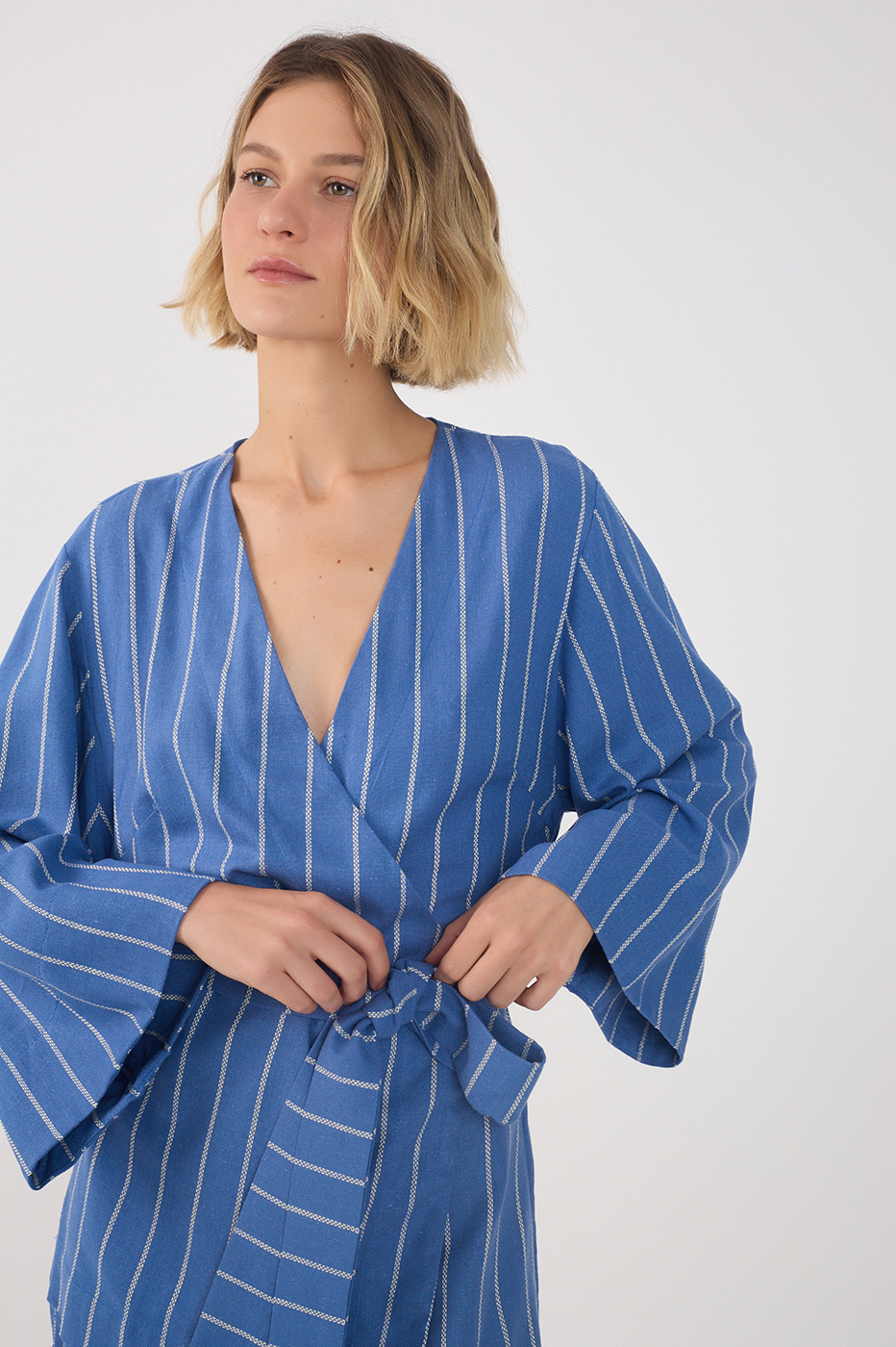 Blue Stripes Belted Kimono Sleeve Romper