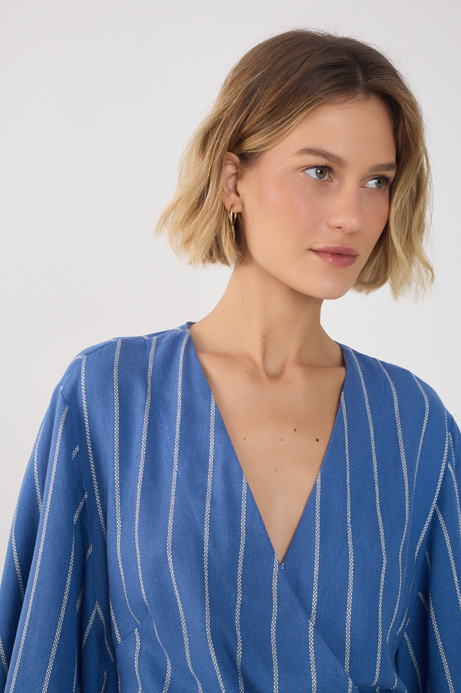 Blue Stripes Belted Kimono Sleeve Romper_5