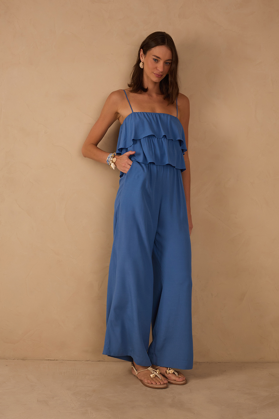 Blue Layered Bodice Pockets Crepe Jumpsuit_1