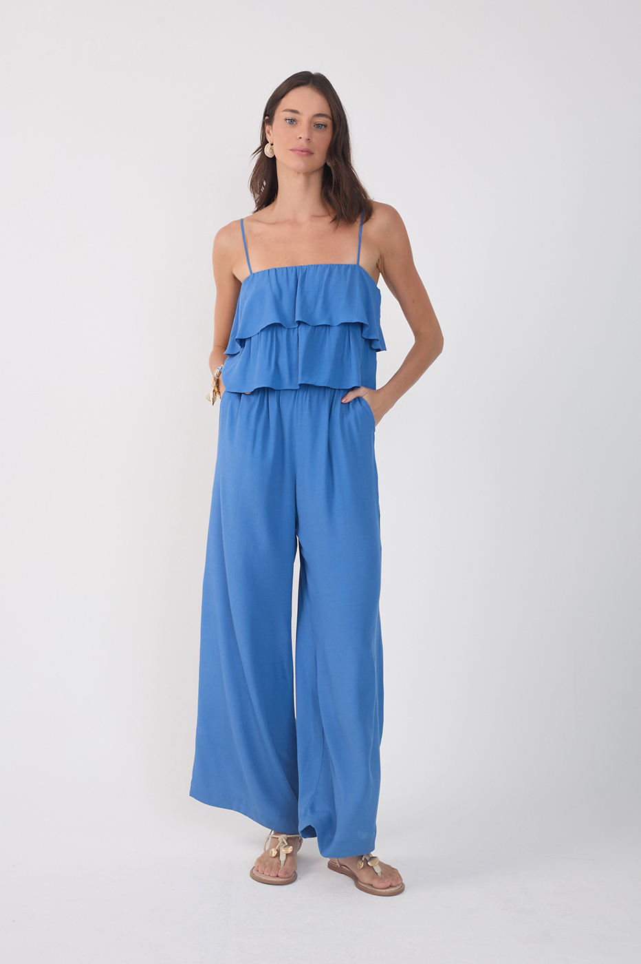 Blue Layered Bodice Pockets Crepe Jumpsuit_2