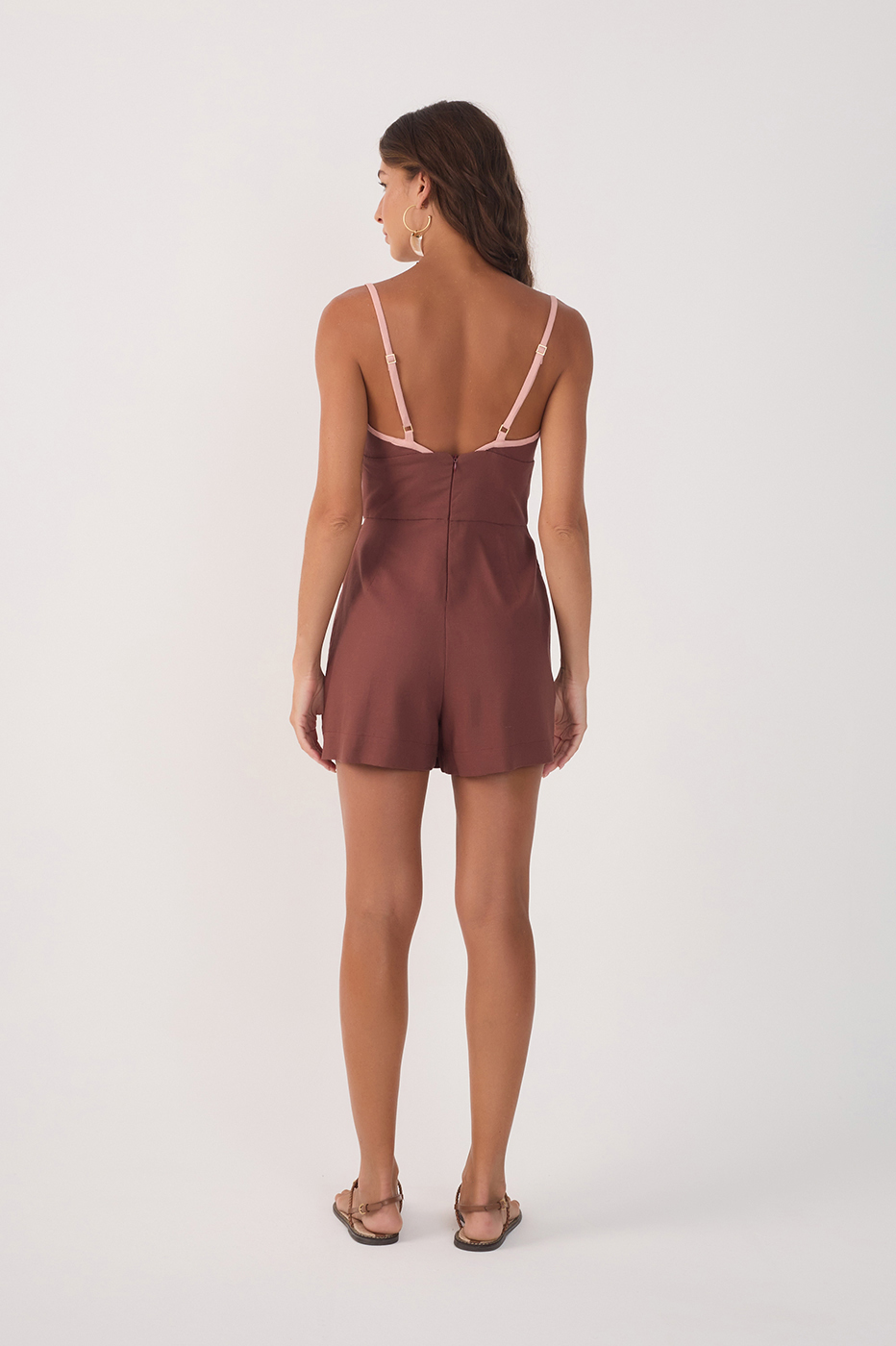 Brown V Neck Side Ties Linen Wrap Romper_7