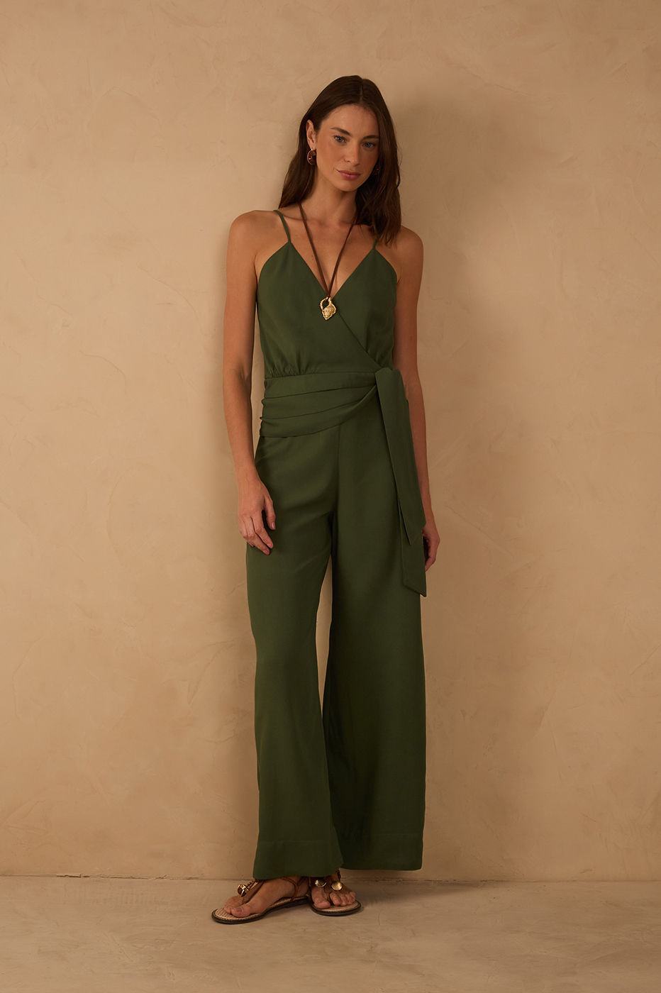 Green V Neck Side Ties Linen Wrap Jumpsuit_1