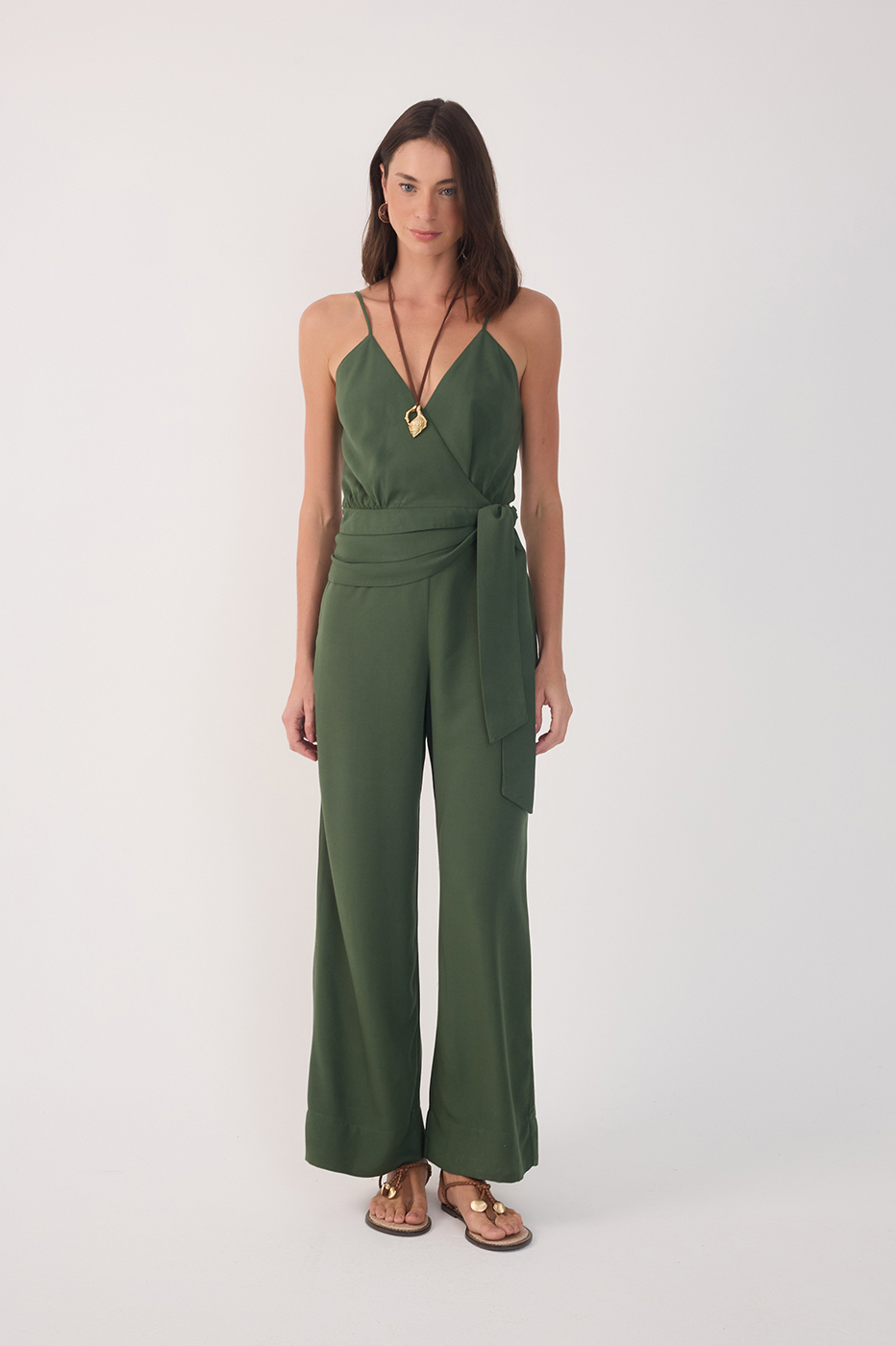 Green V Neck Side Ties Linen Wrap Jumpsuit_2
