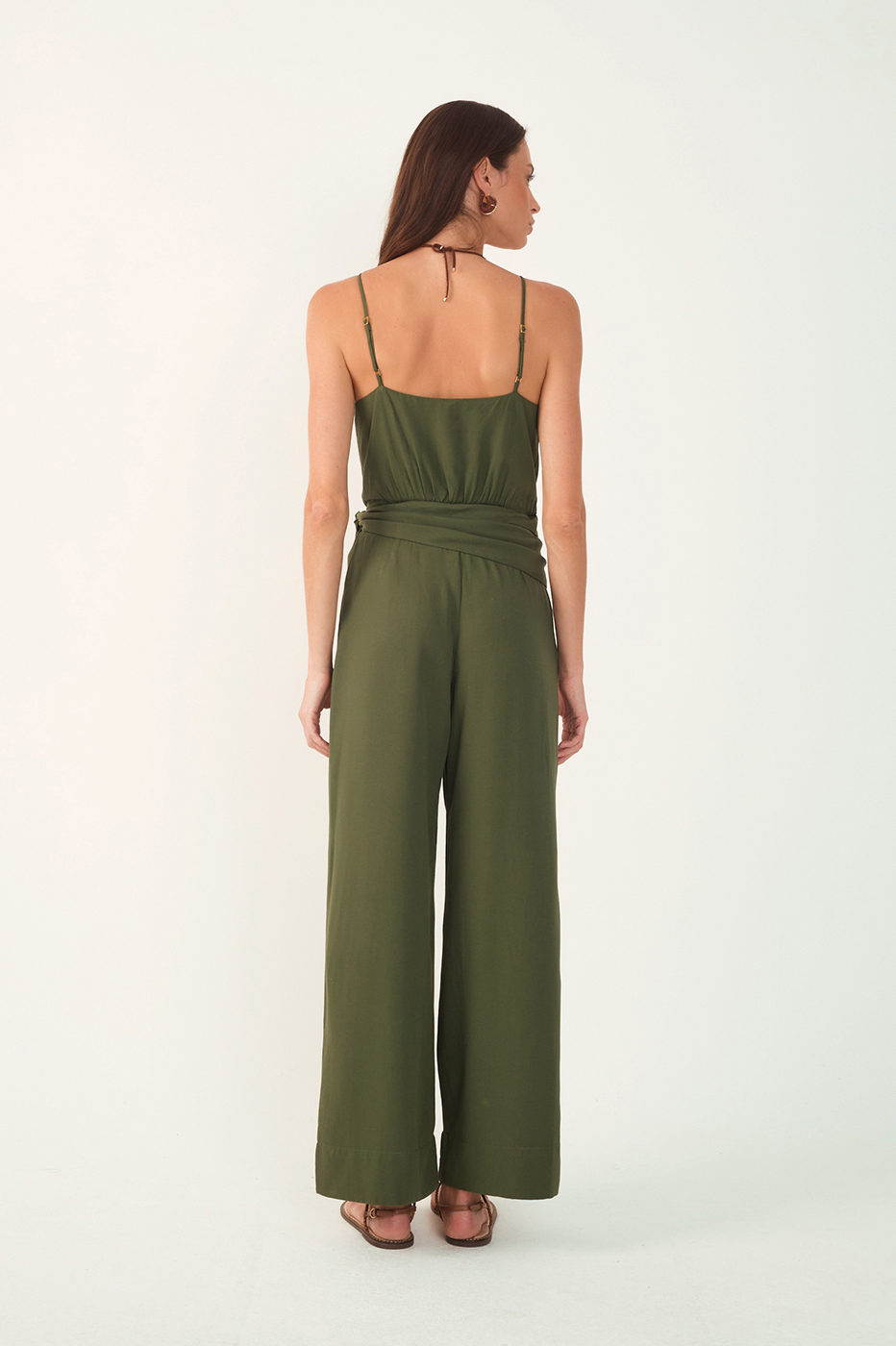 Green V Neck Side Ties Linen Wrap Jumpsuit_6