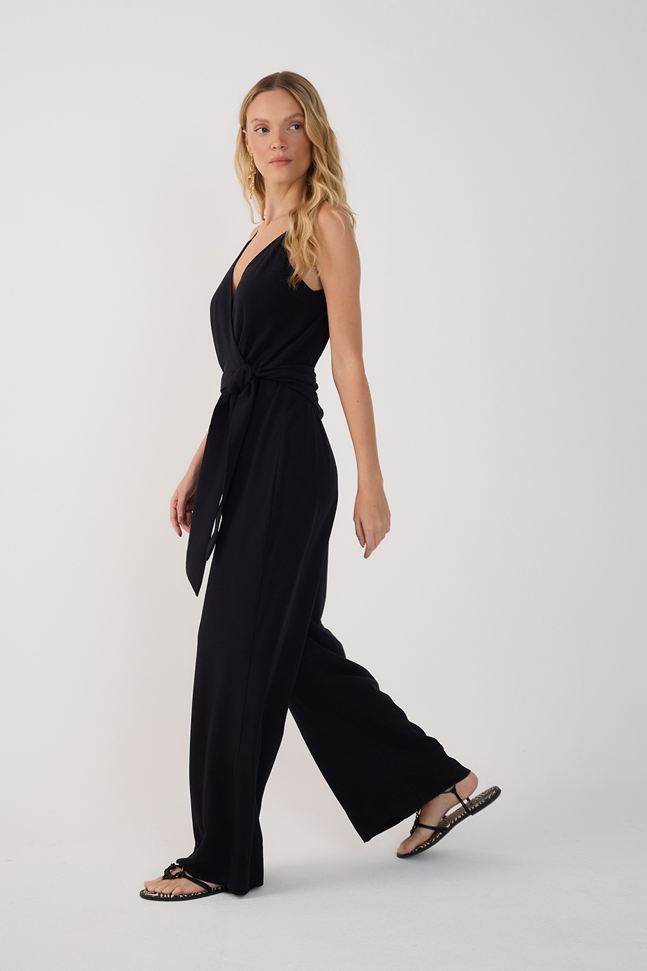 Black V Neck Side Ties Linen Wrap Jumpsuit_2