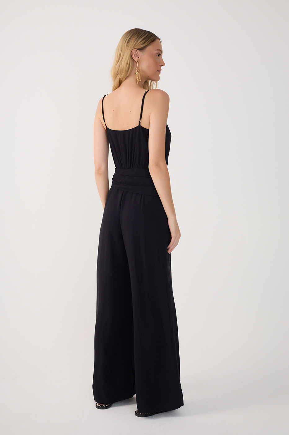 Black V Neck Side Ties Linen Wrap Jumpsuit_7