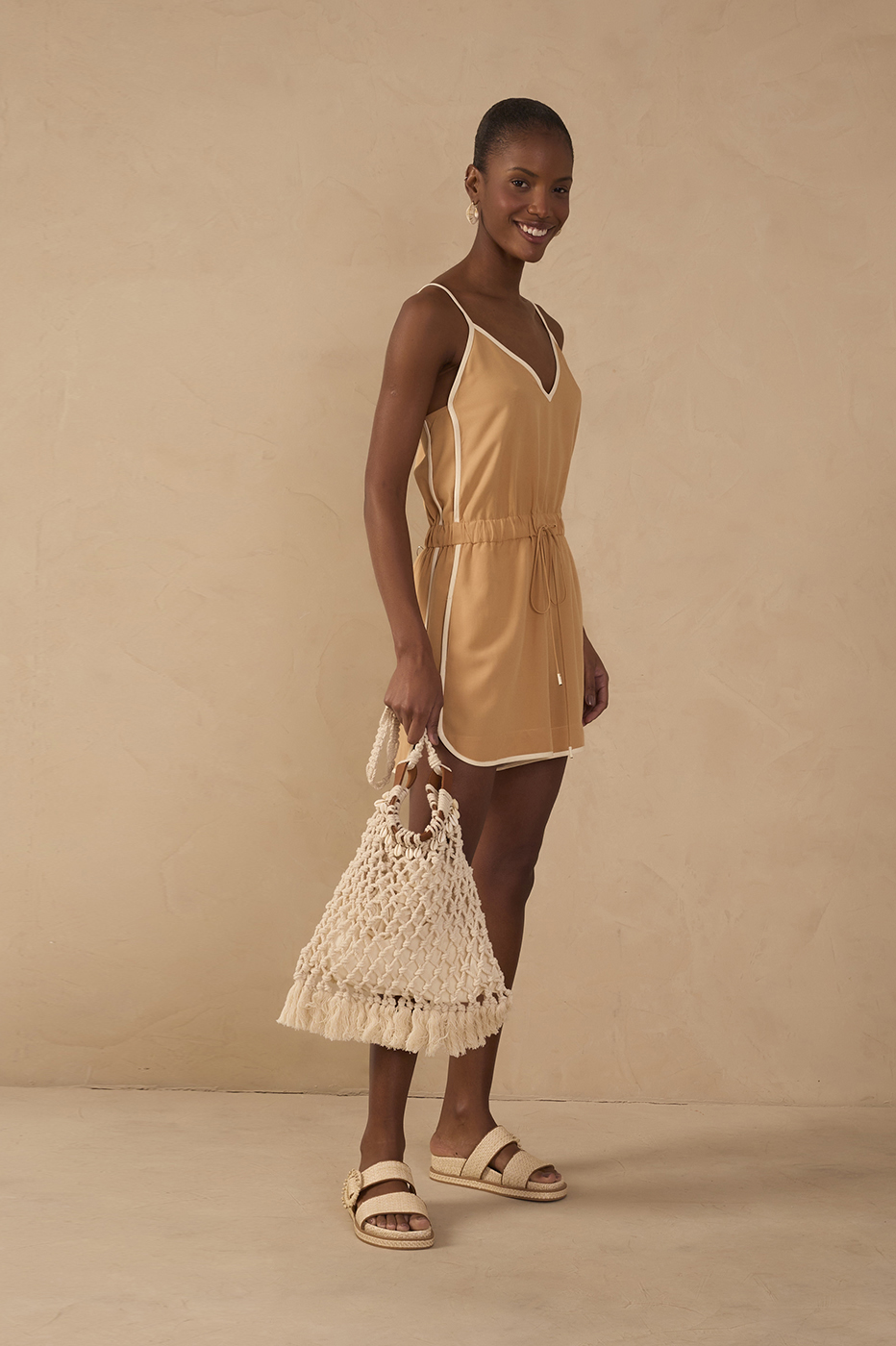 Beige V Neck Drawstring Romper_1