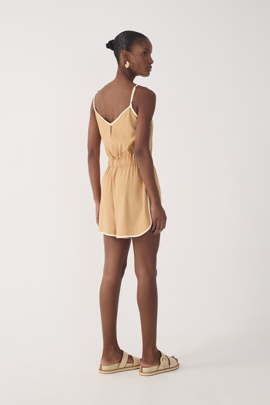 Beige V Neck Drawstring Romper_6