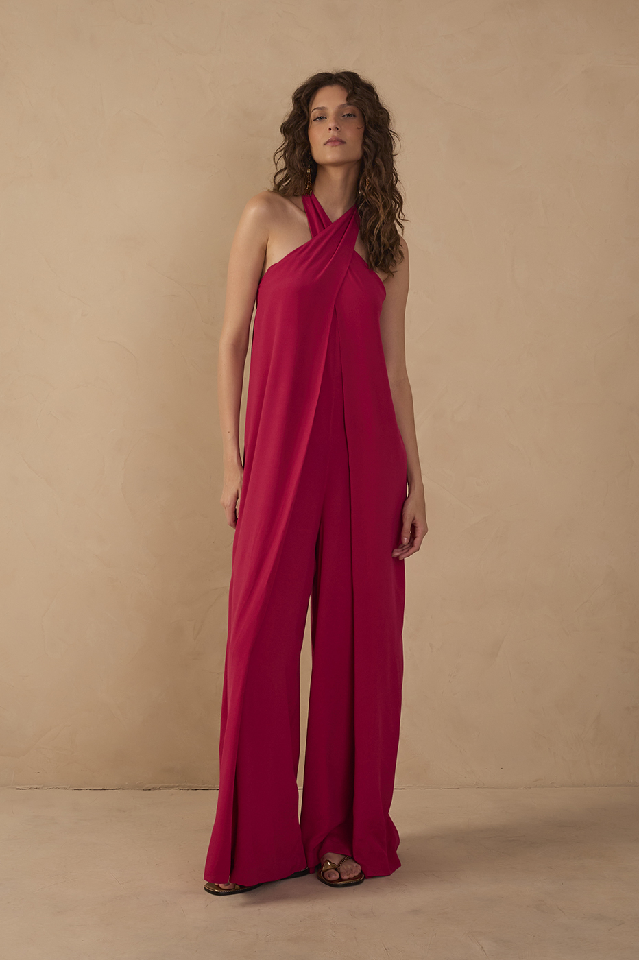 Pink Halter Neck Layered Crepe Jumpsuit_1