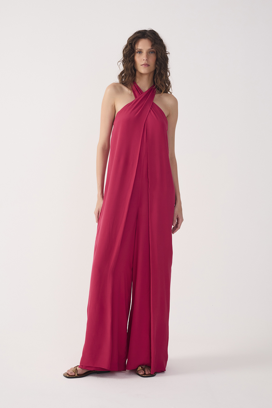 Pink Halter Neck Layered Crepe Jumpsuit_2