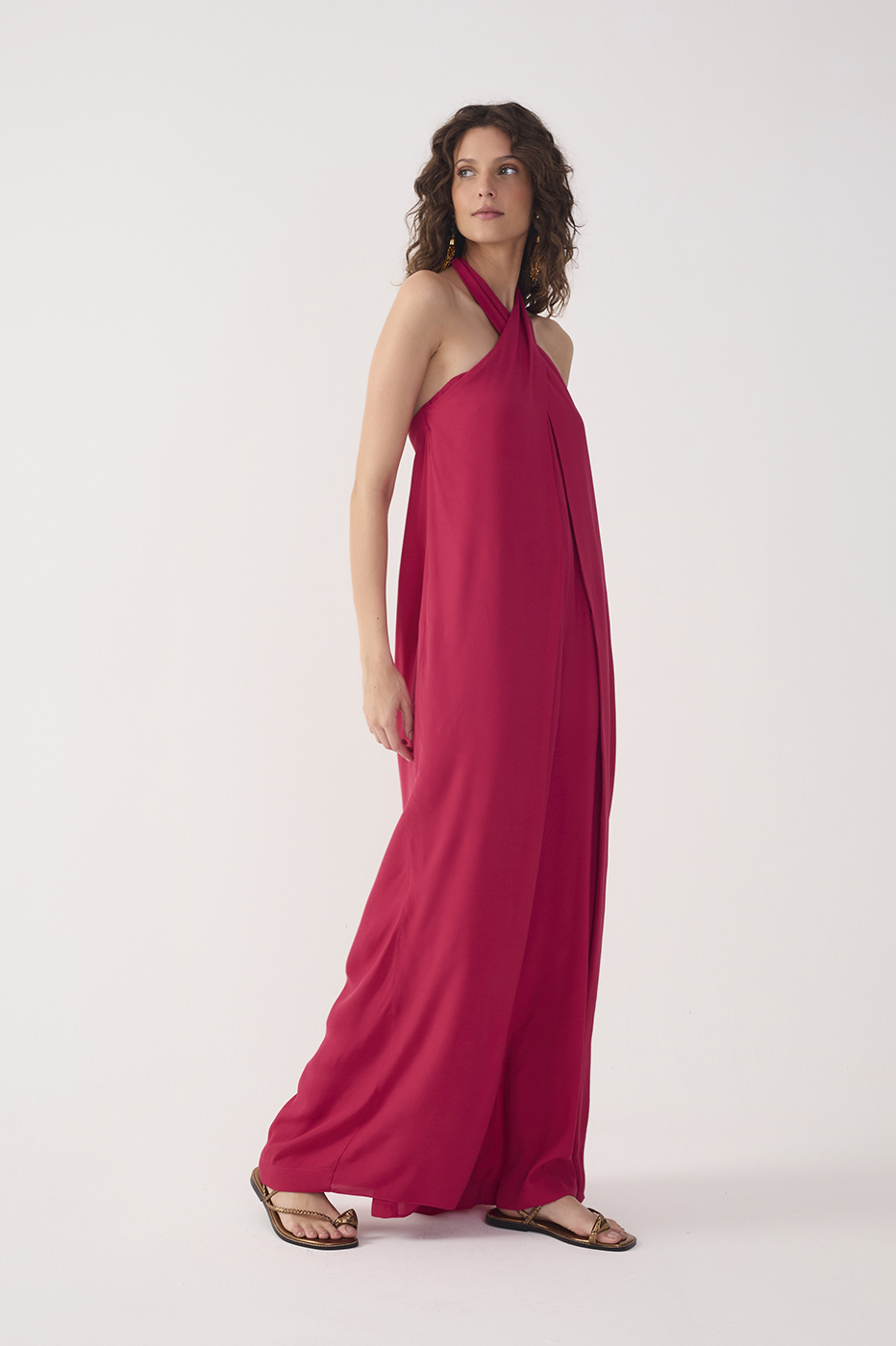 Pink Halter Neck Layered Crepe Jumpsuit_3