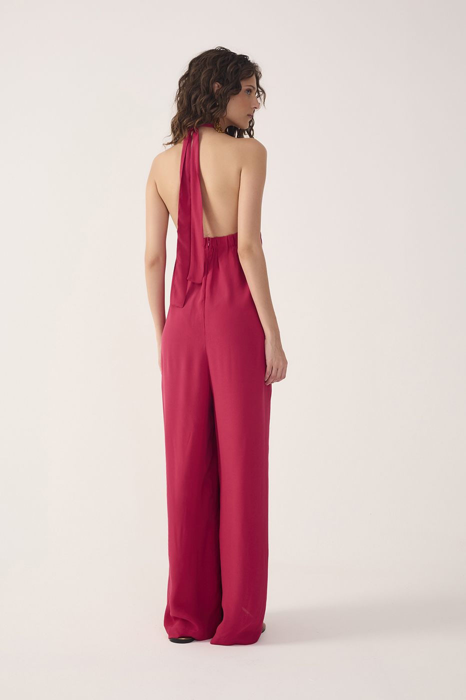 Pink Halter Neck Layered Crepe Jumpsuit_6