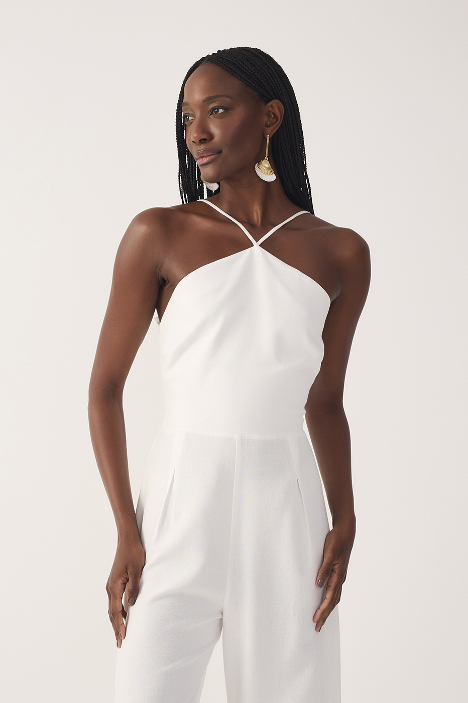 Off-White Pleated Halter Neck Linen Jumpsuit_4