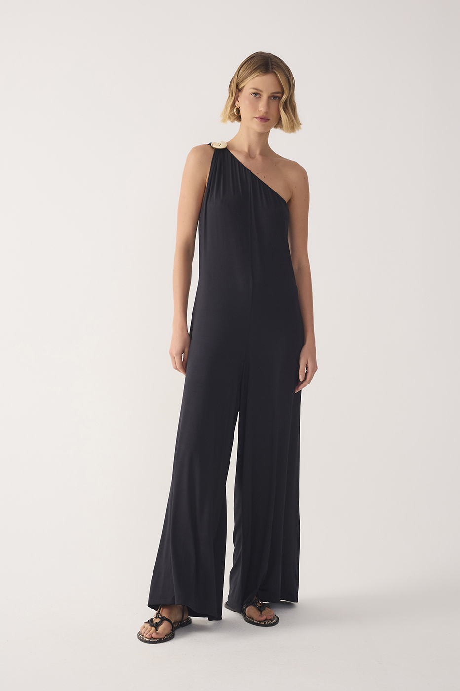 Jersey One-Shoulder Buckle Jumpsuit