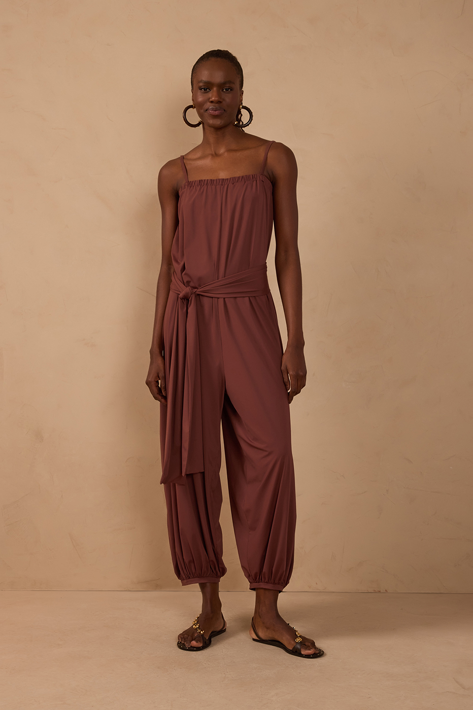 Brown Terra Square Neck Belted Balloon Jersey Jumpsuit_1