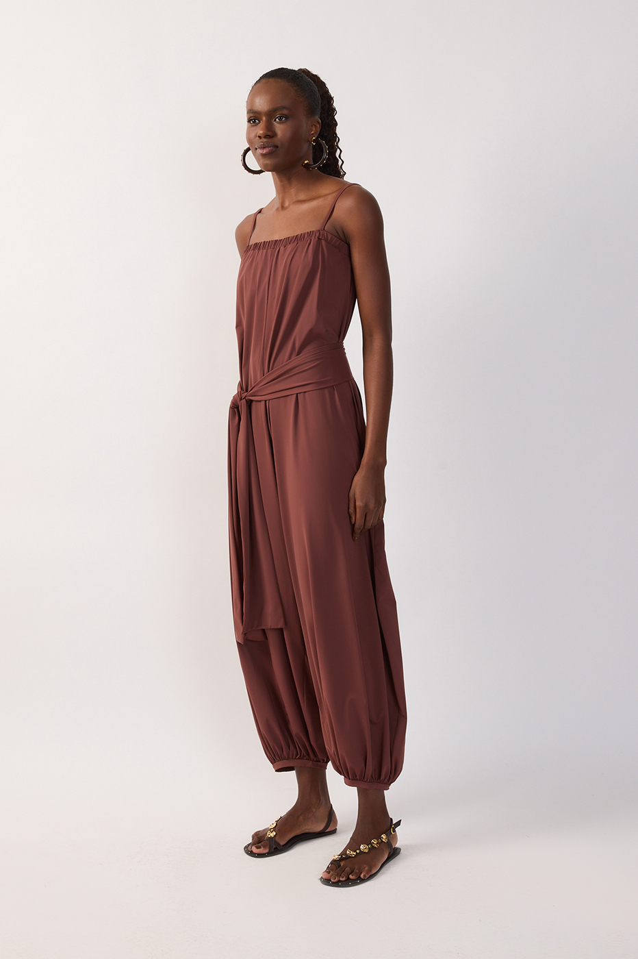 Brown Terra Square Neck Belted Balloon Jersey Jumpsuit_3