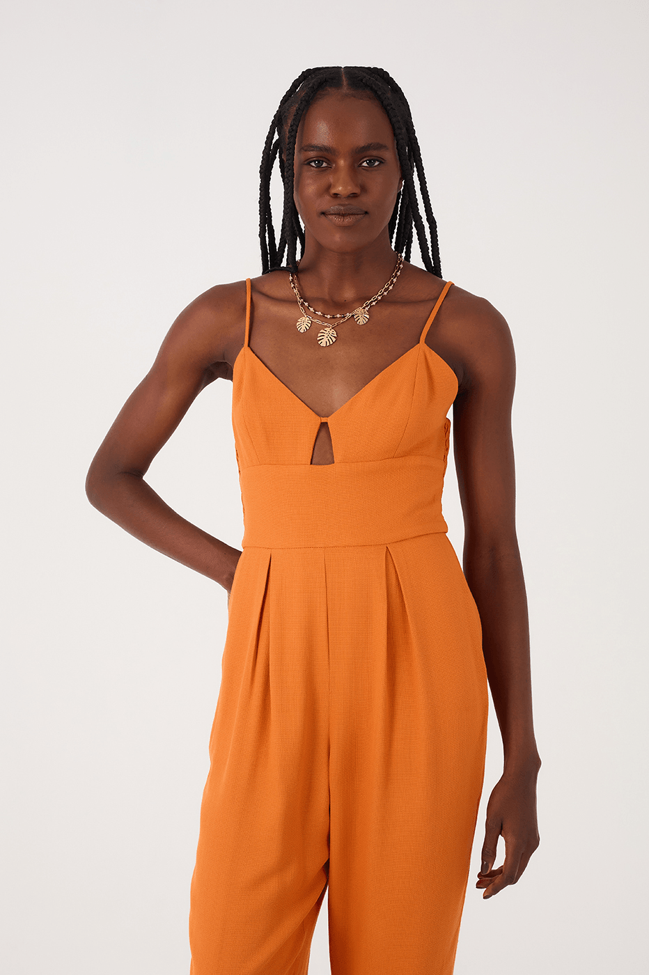Orange Samba Sweetheart Neck Smocked Side Sleeveless Jumpsuit