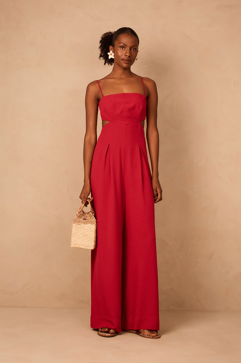 Red Encanto Cut-Out Sleeveless Pleats Back Ties Jumpsuit_1