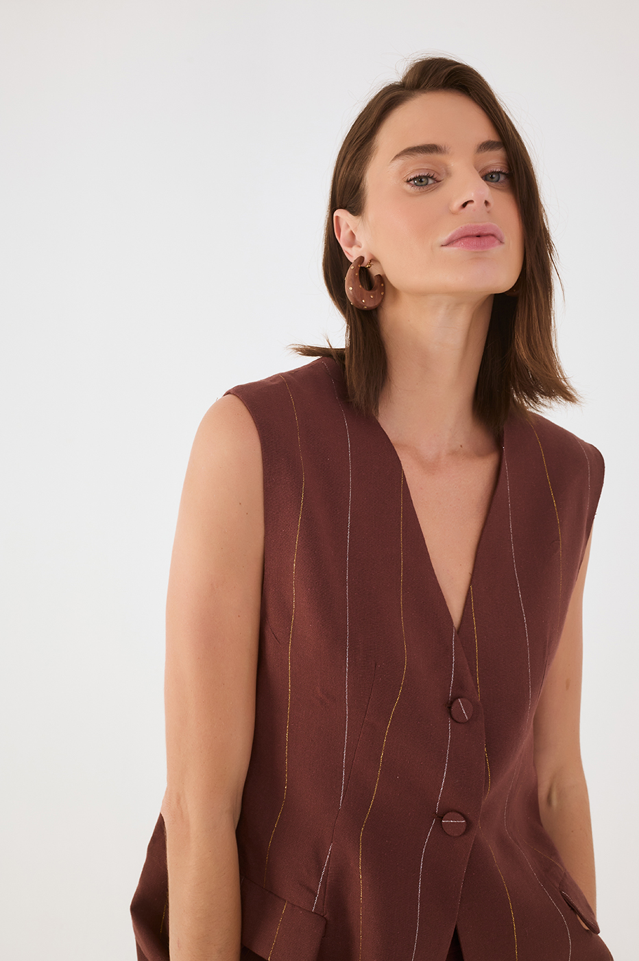 Brown Lurex V Neck Buttoned Sleeveless Linen Vest