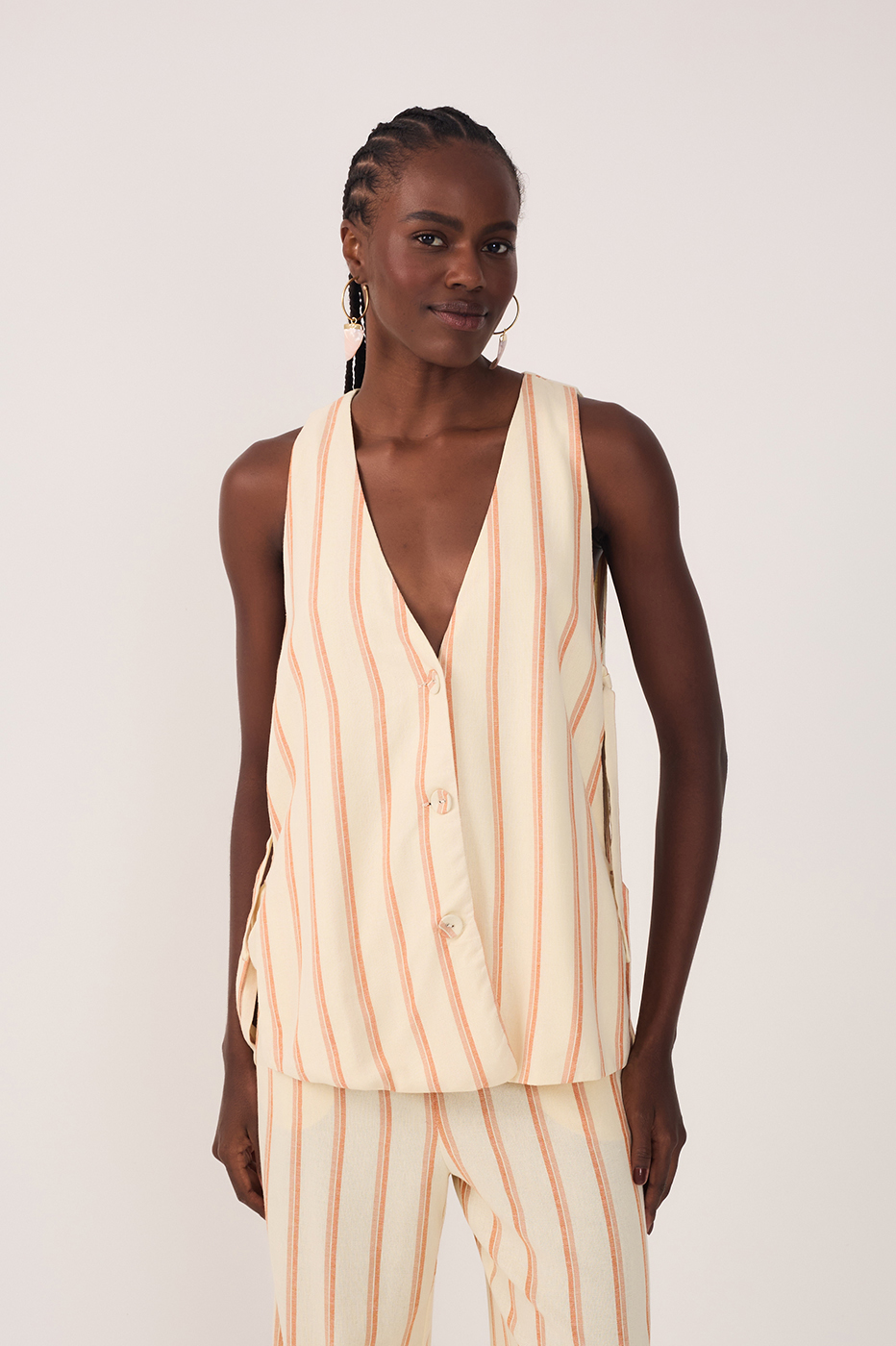 Beige V Neck Sleeveless Side Ties Vest_2