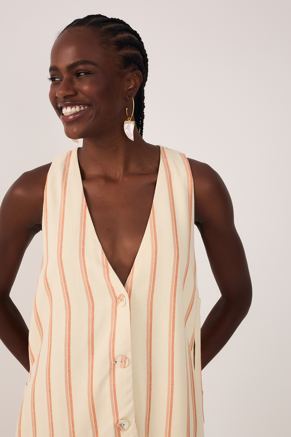 Beige V Neck Sleeveless Side Ties Vest_4