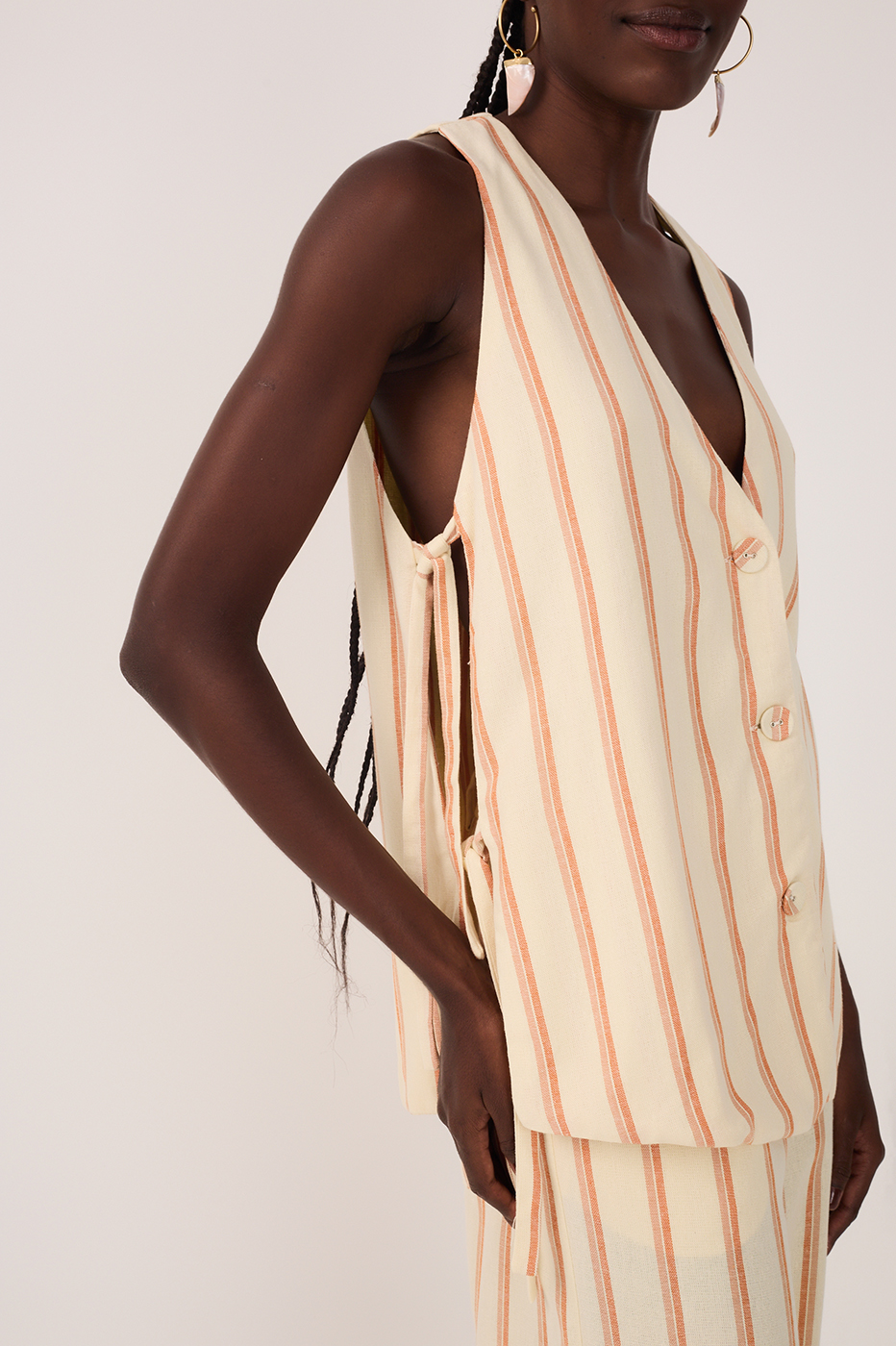 Beige V Neck Sleeveless Side Ties Vest_5