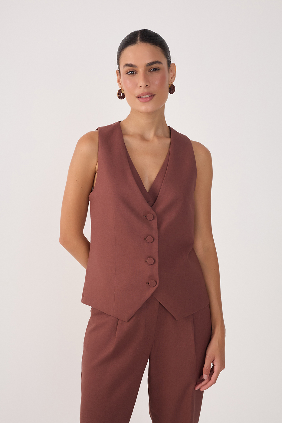 Brown Overlapped Buttoned Sleeveless Vest_4