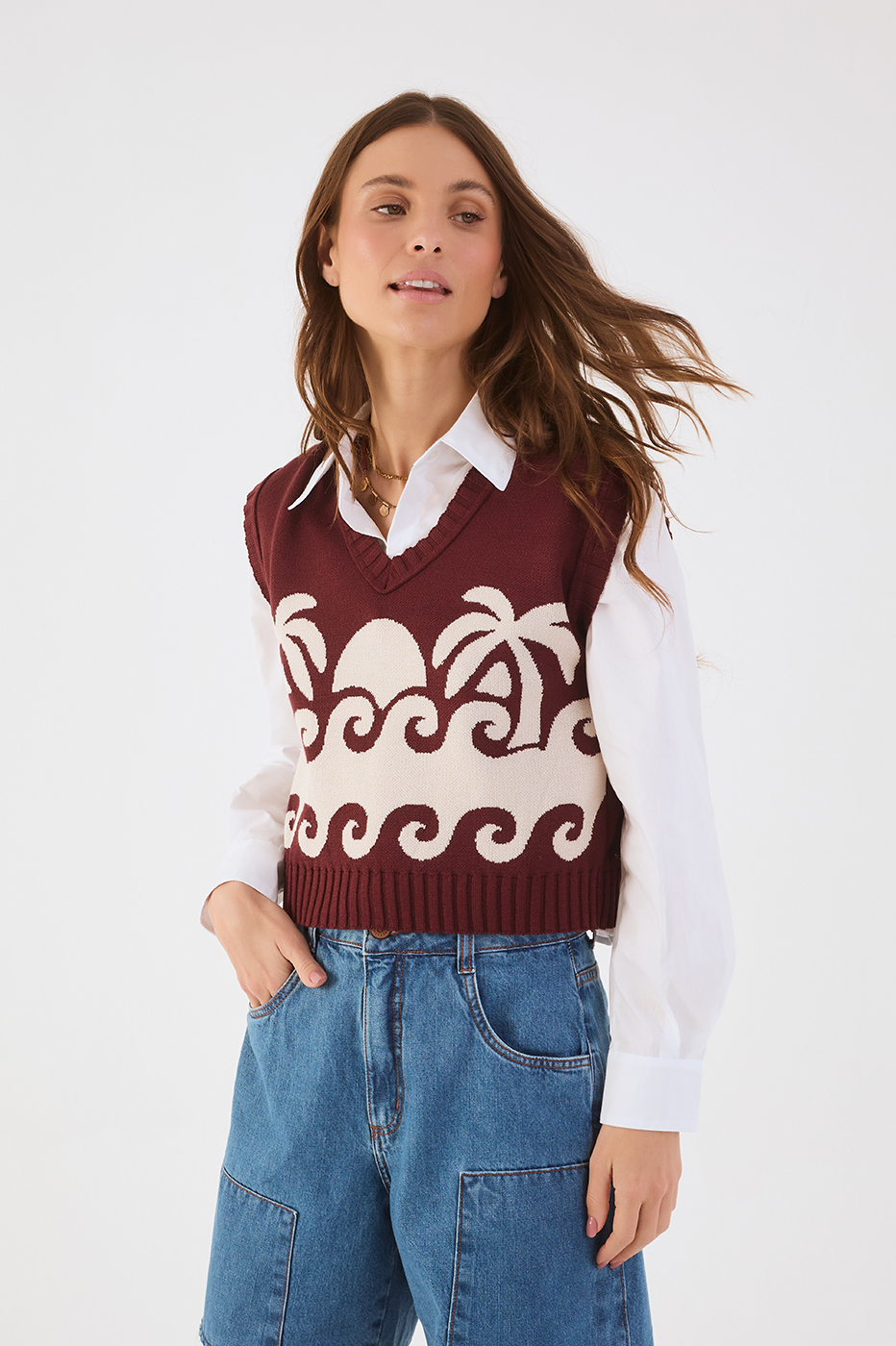 Wine Bossa Paradise V Neck Tricot Crop Vest_2