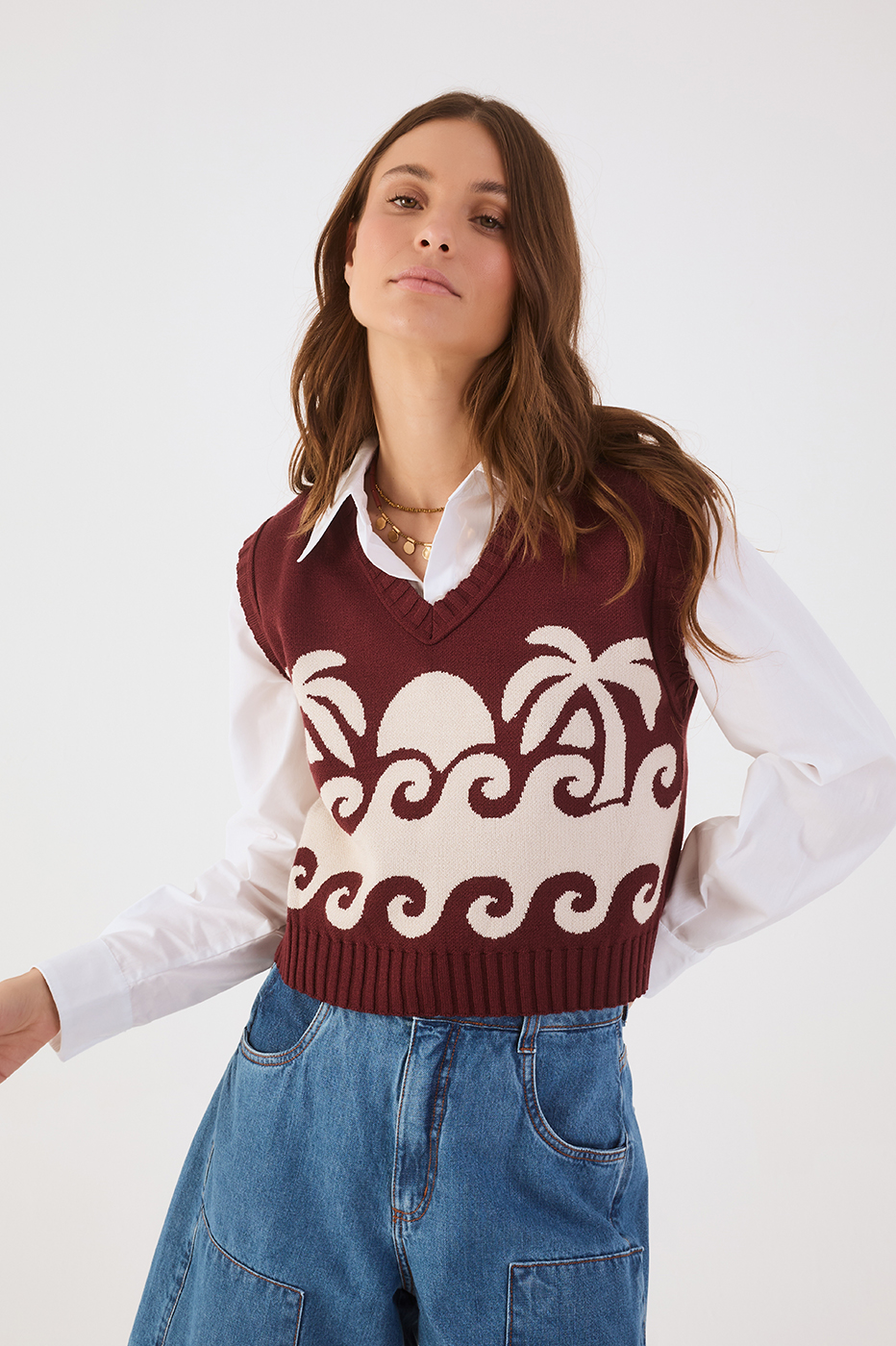 Wine Bossa Paradise V Neck Tricot Crop Vest_3