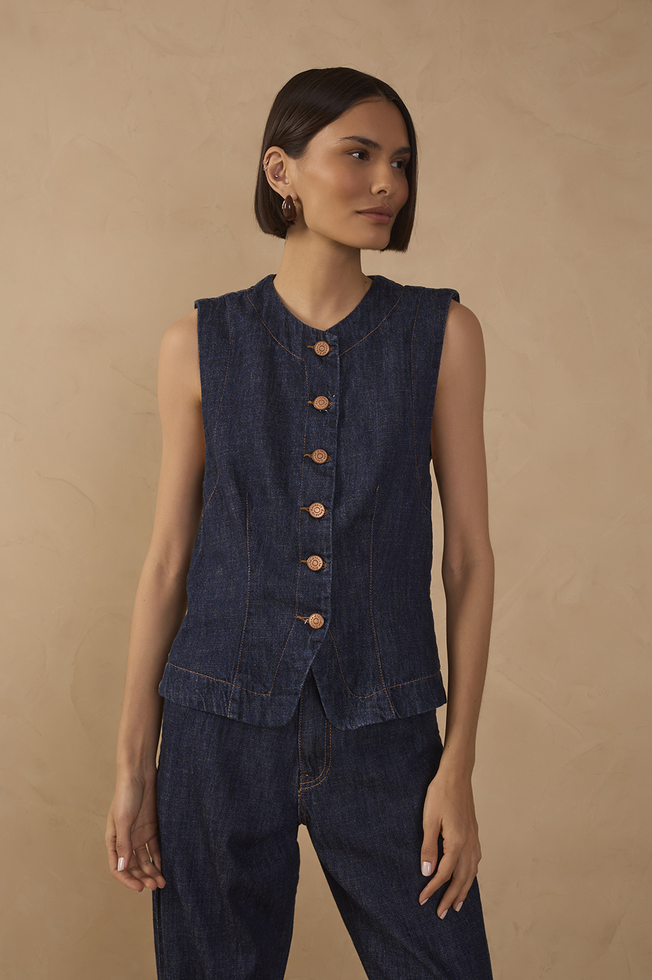 Denim Smocked Back Sleeveless Vest_1