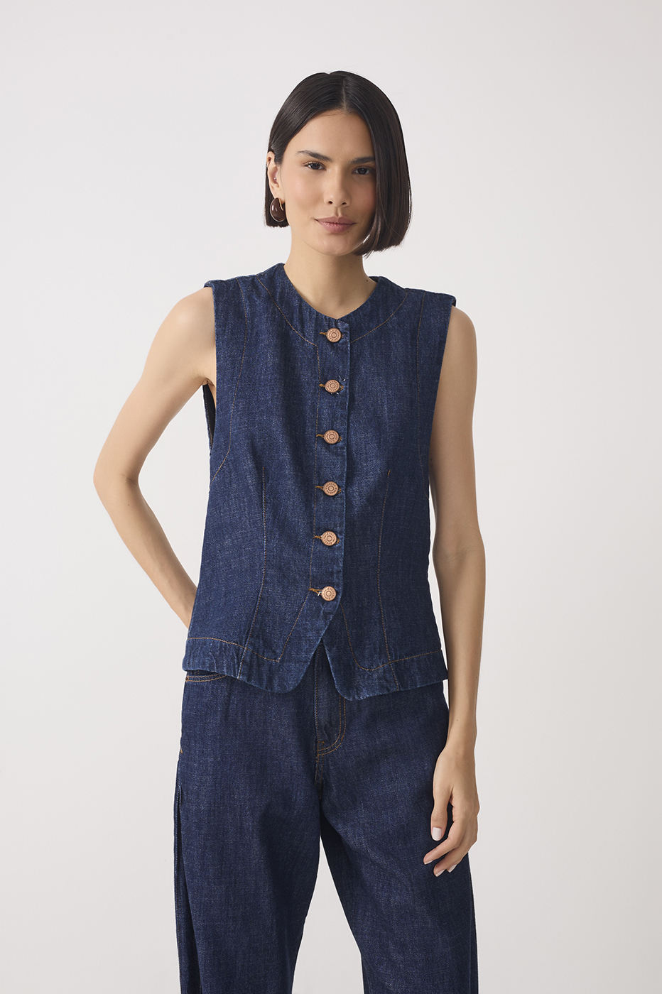 Denim Smocked Back Sleeveless Vest_2