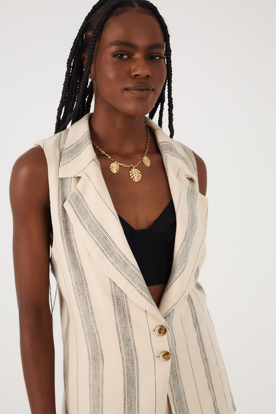 Sand Stripes Buttoned Notched Lapel Sleeveless Linen Vest_4