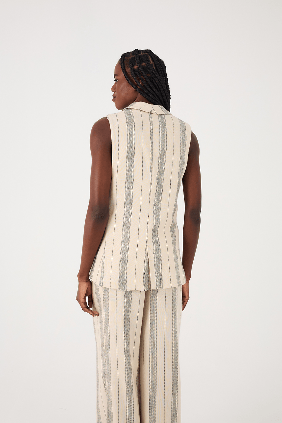 Sand Stripes Buttoned Notched Lapel Sleeveless Linen Vest_6