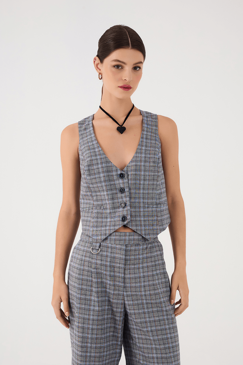 Grey Plaid Buttoned Sleeveless Tailored Vest_2