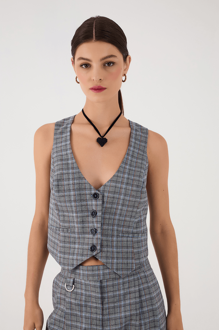 Grey Plaid Buttoned Sleeveless Tailored Vest_3