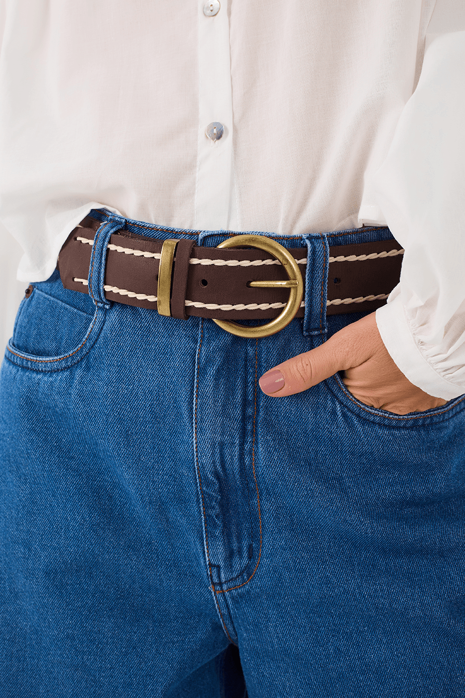 Brown Caffeine Buckled Seam Leather Belt_7
