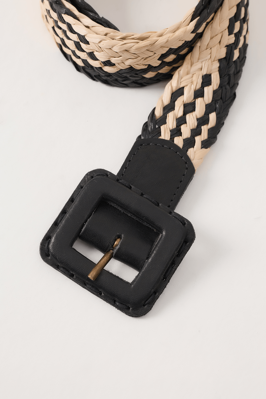 Natural And Gold Straw Buckled Belt_5