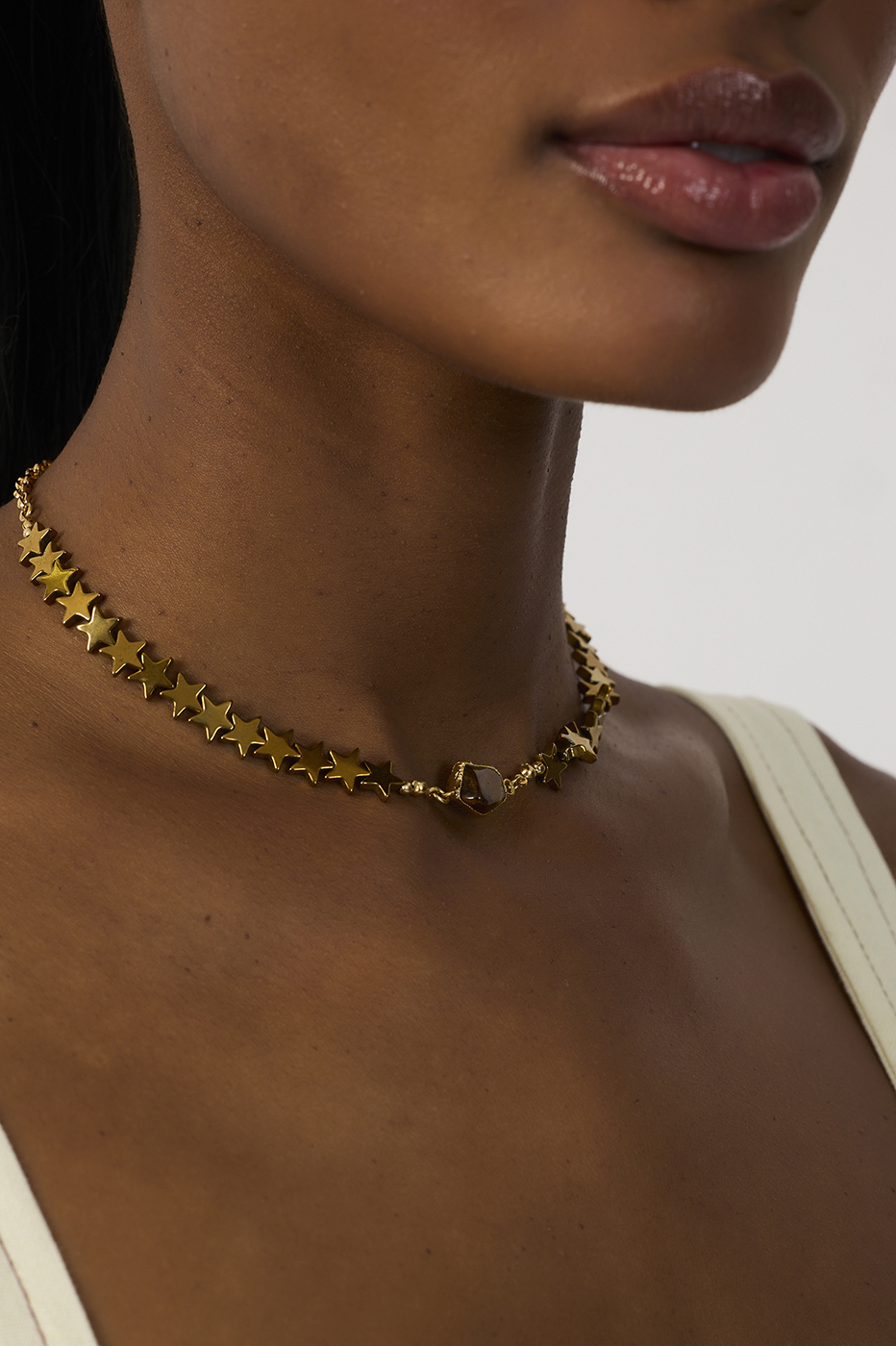Golden Stars Stone Pendant Short Necklace_3