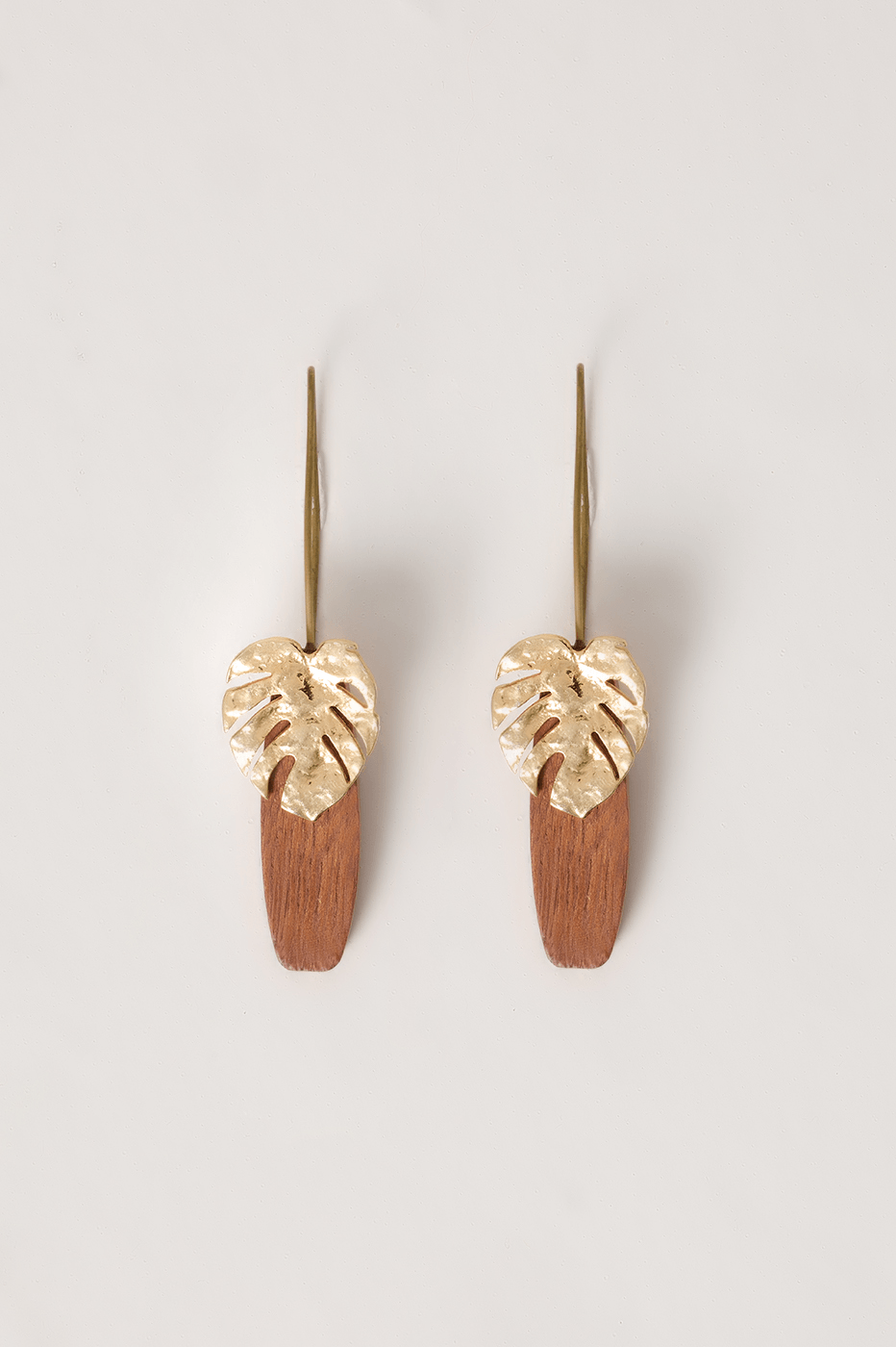 Natural And Gold Monstera Wooden French Wire Earrings