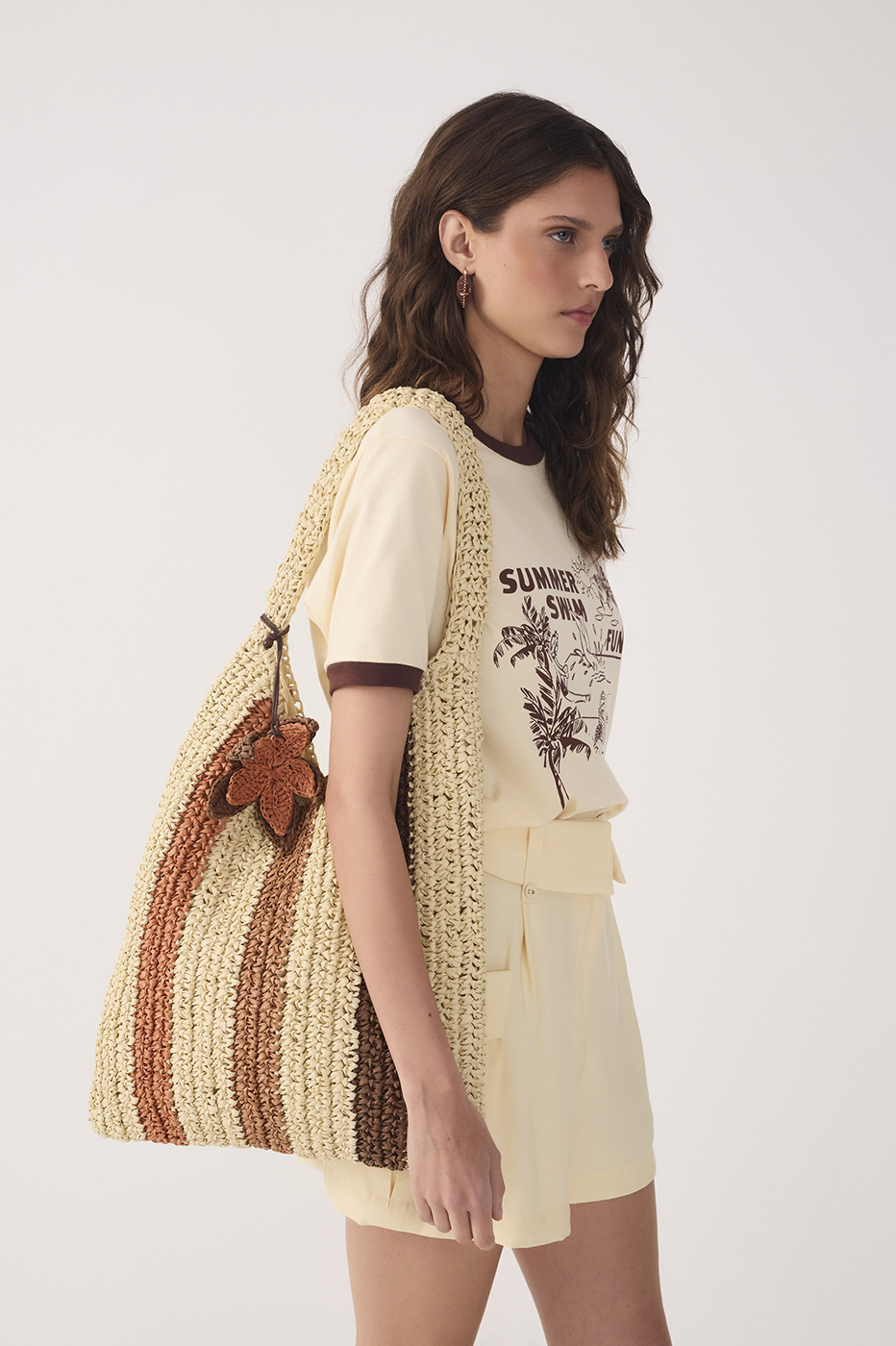 Brown Beige Stripes Boho Straw Bag