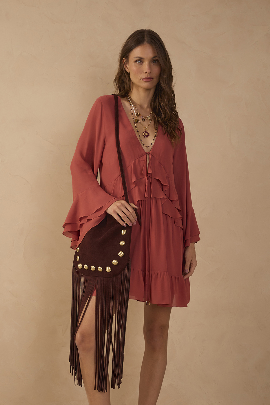 Brown Fringe Long Strap Suede Bag_1