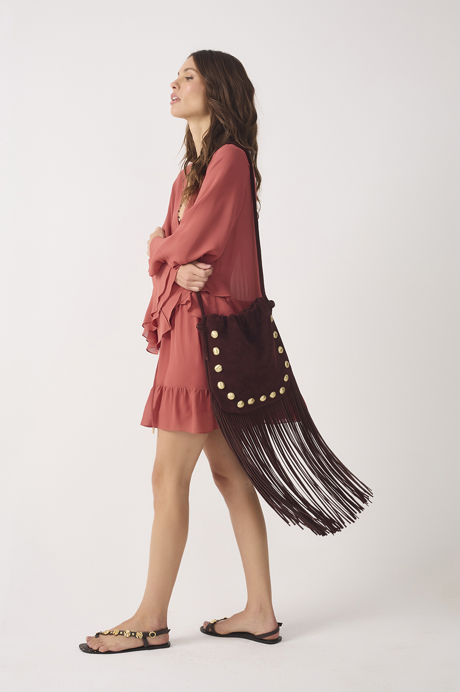 Brown Fringe Long Strap Suede Bag_5