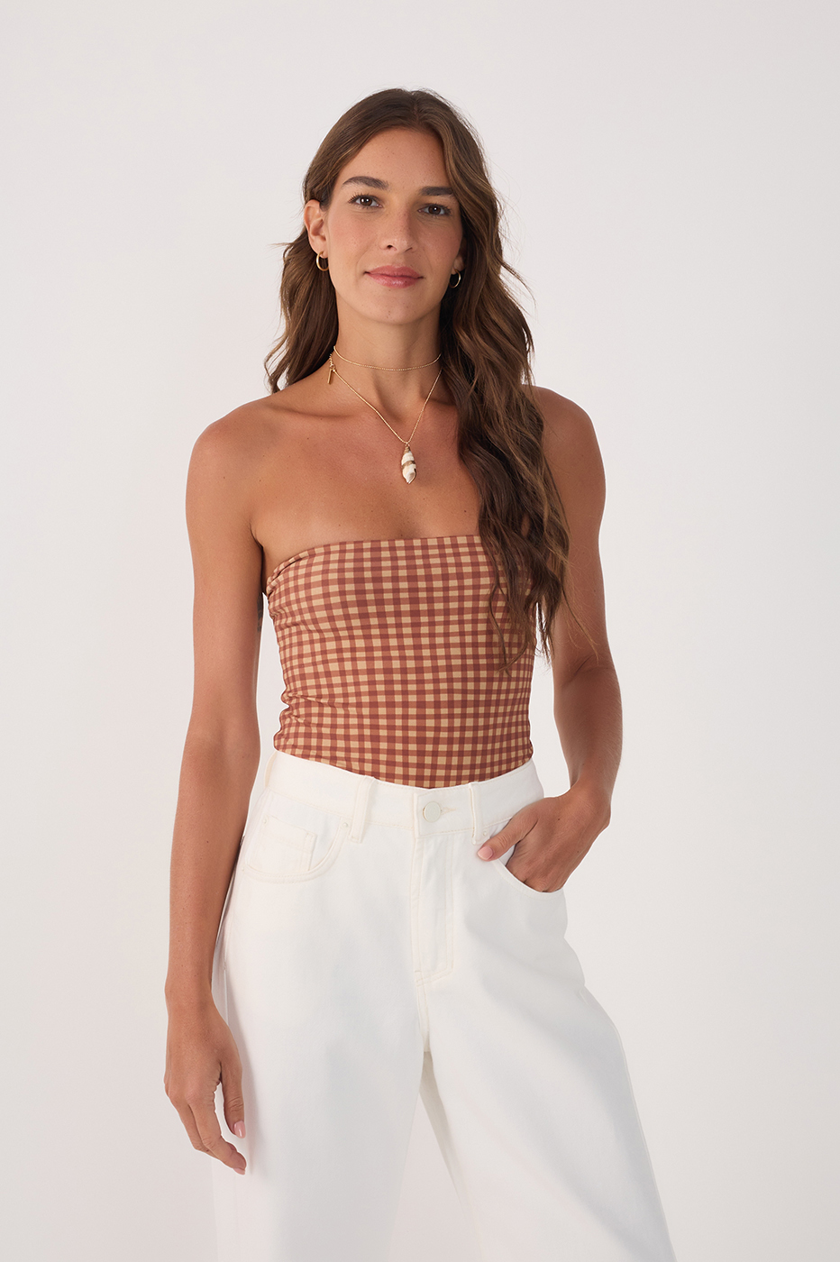 Beige Vichy Strapless One-Piece Bodysuit_2