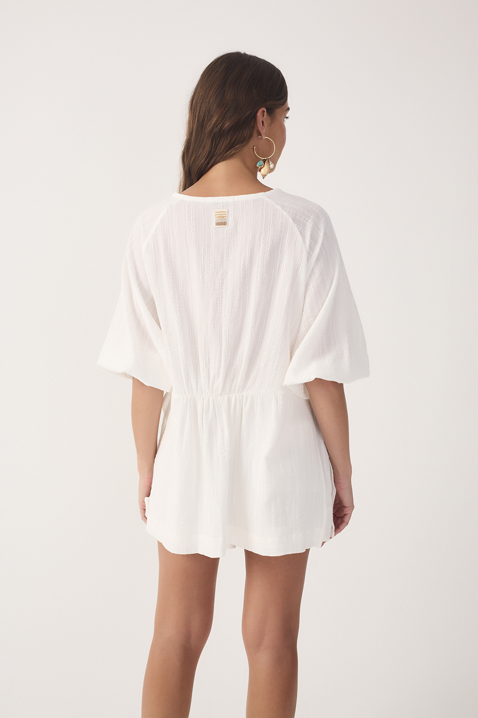 Off-White V Neck Front Ties Puff Sleeve Blouse_7