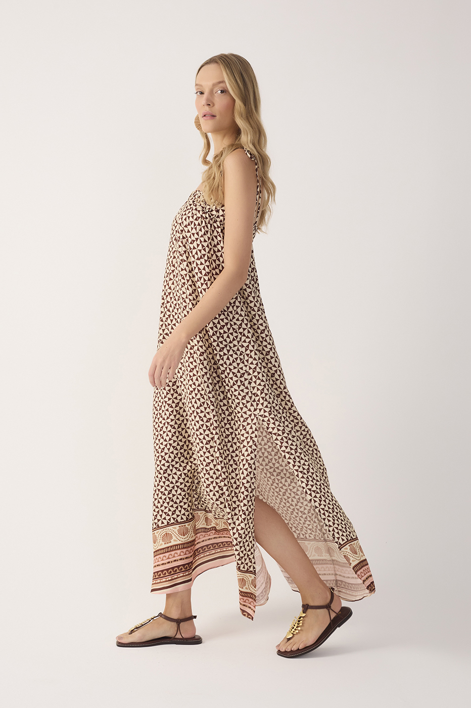 Beige Solstício Side Slit Maxi Dress_4