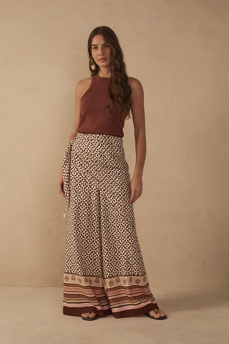 Beige Solstício Wide-Leg Pants with Scarf_1