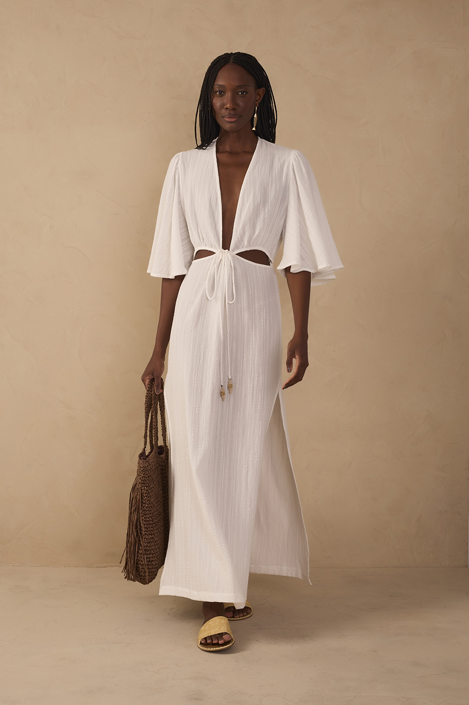Off-White Plunging Neck Cut-Out Front Ties Maxi Dress_1