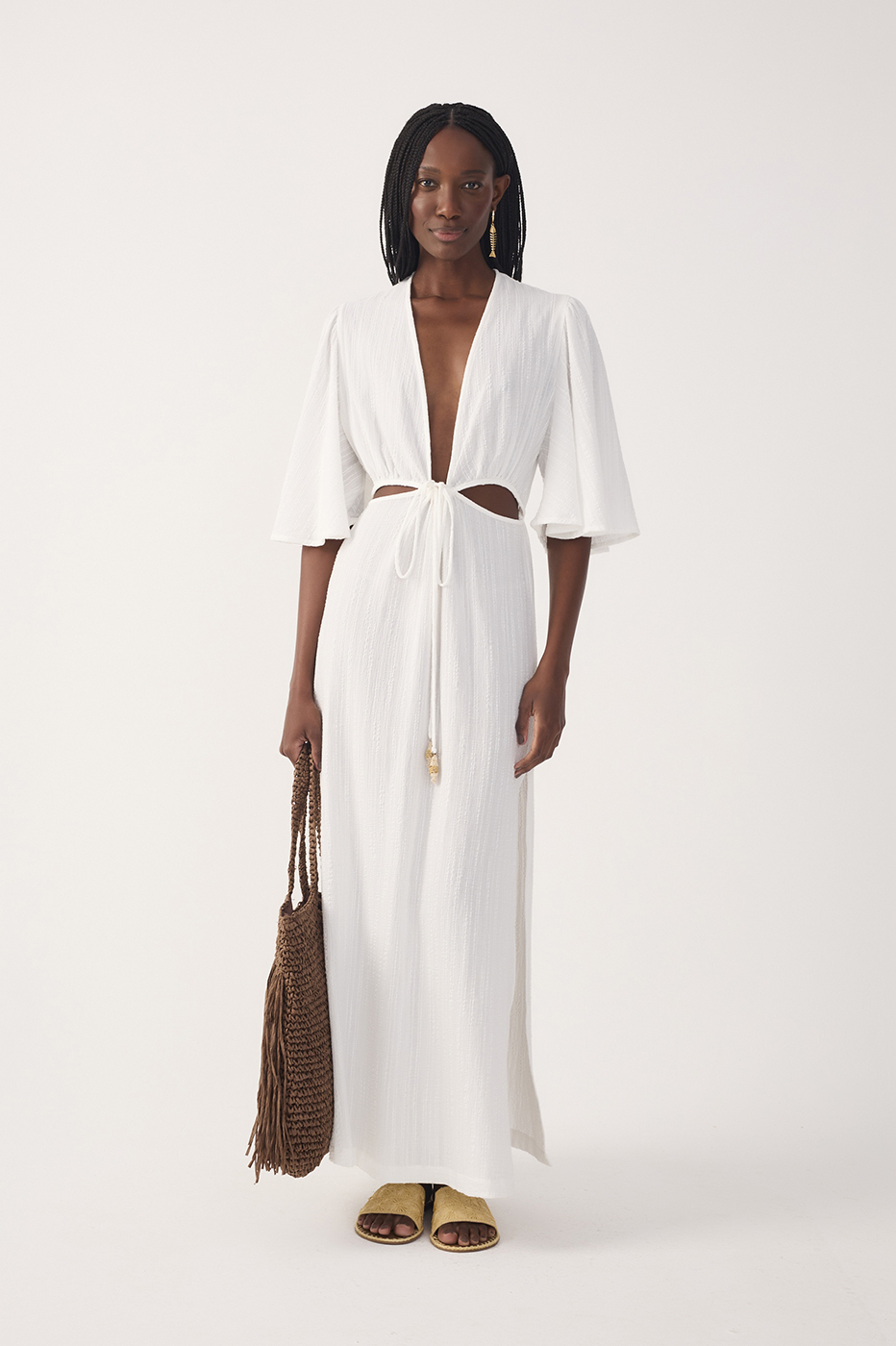 Off-White Plunging Neck Cut-Out Front Ties Maxi Dress_2