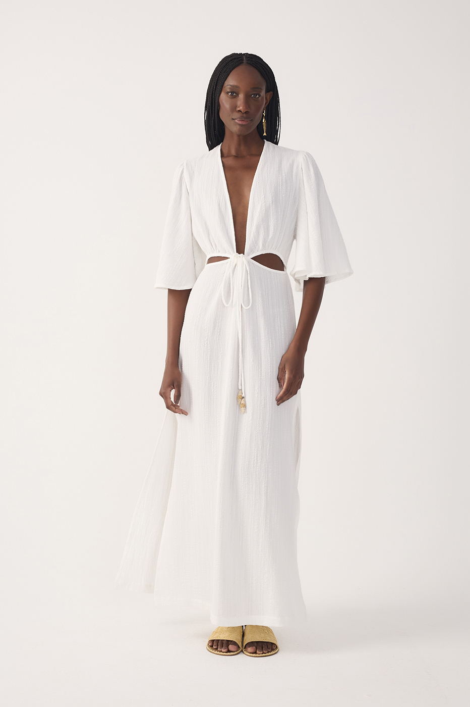 Off-White Plunging Neck Cut-Out Front Ties Maxi Dress_3