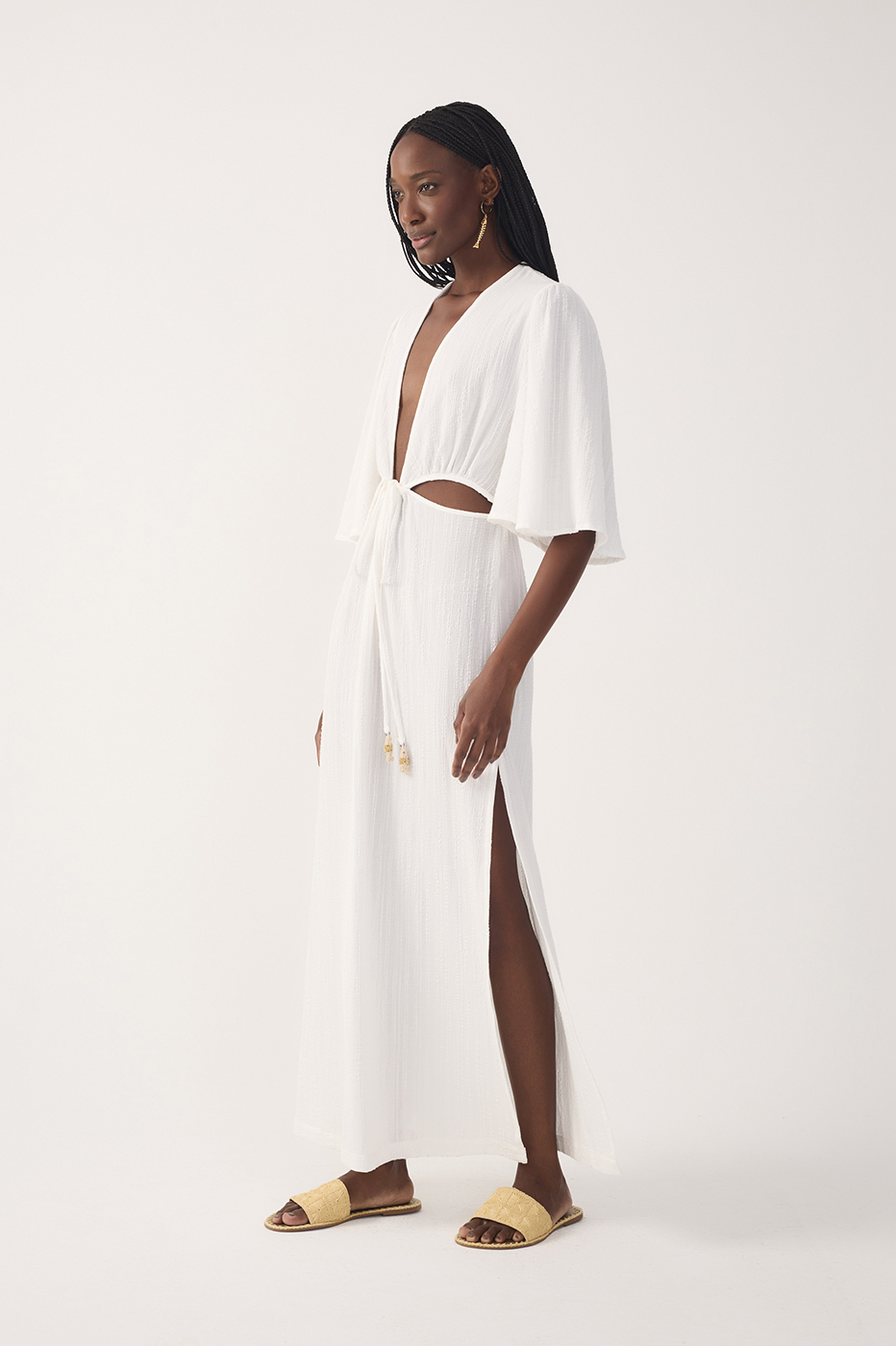 Off-White Plunging Neck Cut-Out Front Ties Maxi Dress_4